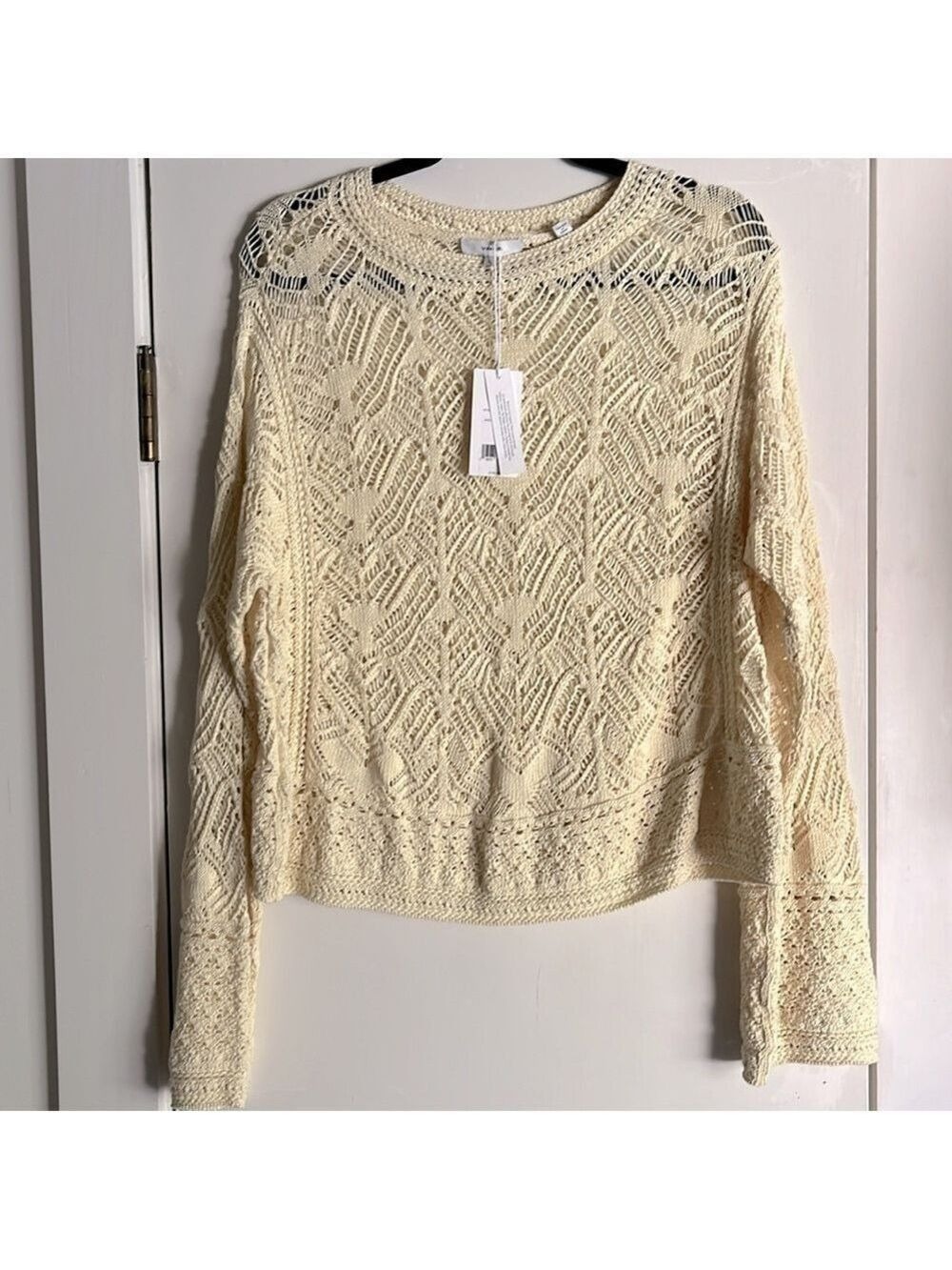 NWT. VINCE Lace Patchwork Pullover Organic Cotton Sweater in Pale Yellow size L - Picture 6 of 11